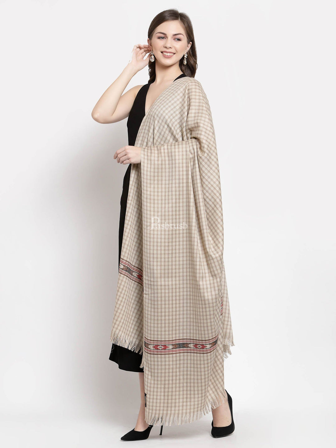 Pashtush India Womens Shawls Pashtush Woven Aztec Design Women'S Full Size Shawl In Extra Fine Wool - Taupe