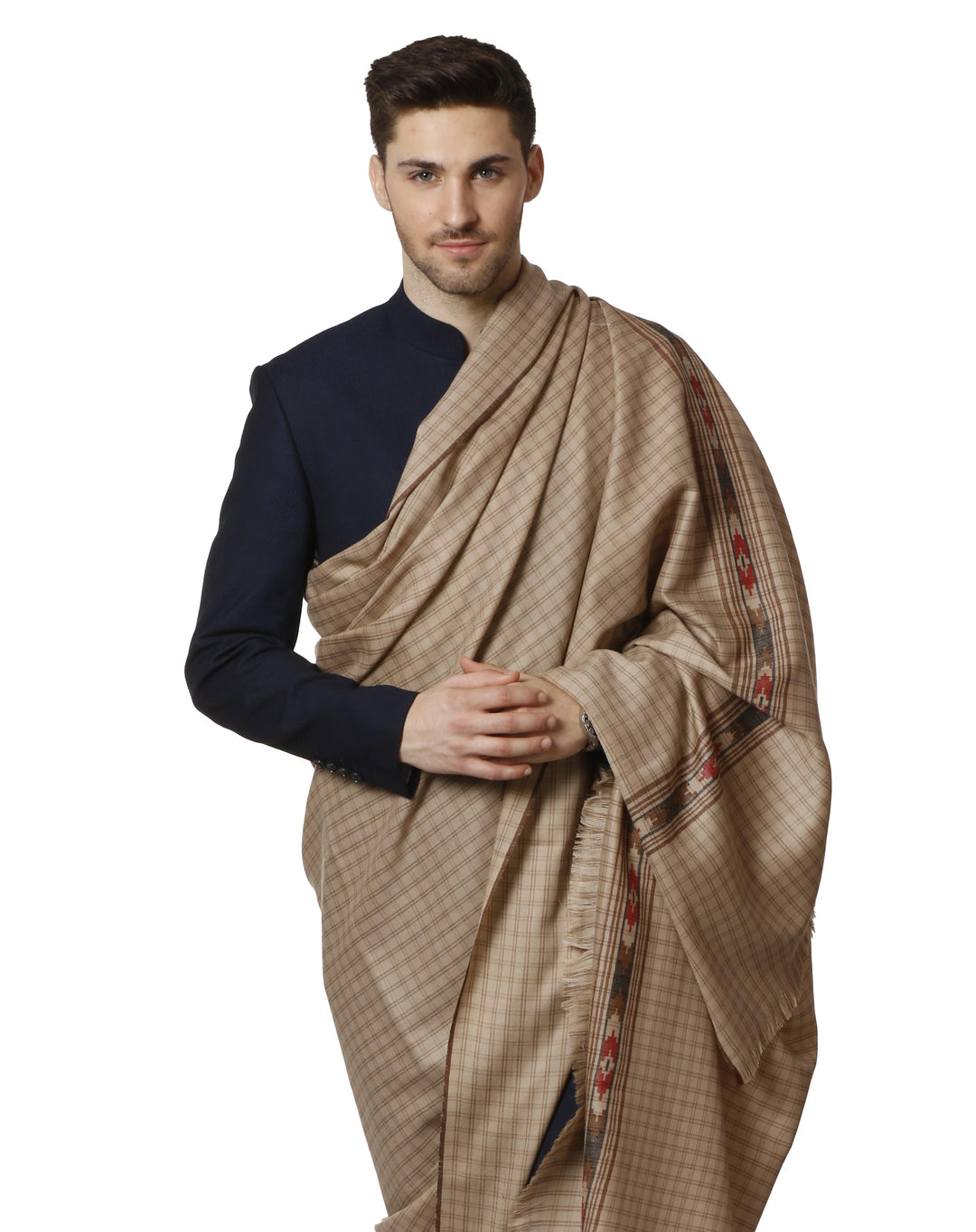 Pashtush India 127x254 Pashtush Woven Kullu Design Mens Full Size Shawl In Extra Fine Wool - Taupe