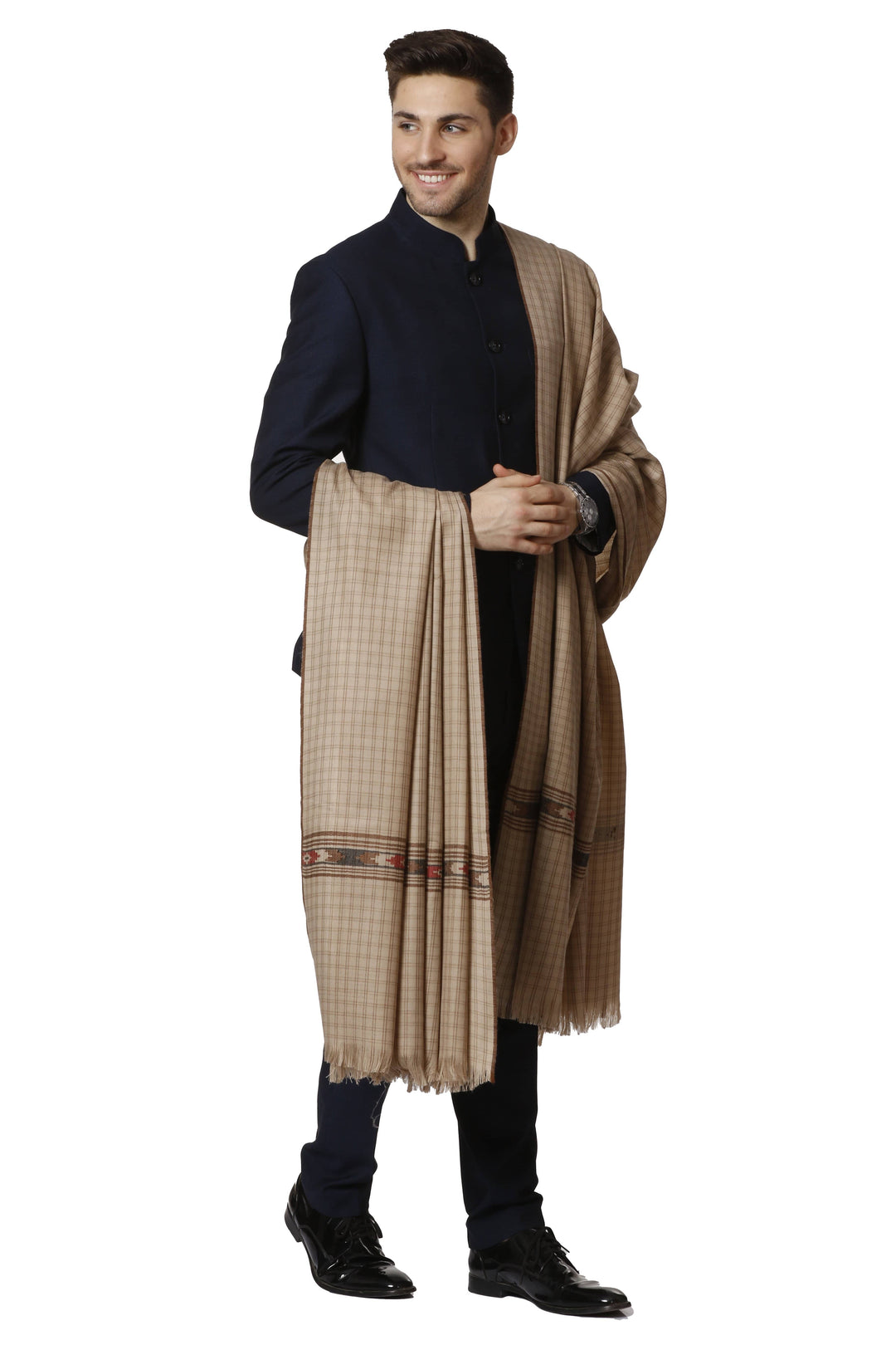 Pashtush India 127x254 Pashtush Woven Kullu Design Mens Full Size Shawl In Extra Fine Wool - Taupe