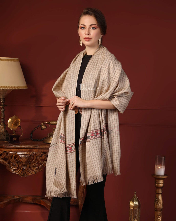Pashtush India 127x254 Pashtush Woven Kullu Design Women's Full Size Shawl In Extra Fine Wool - Taupe