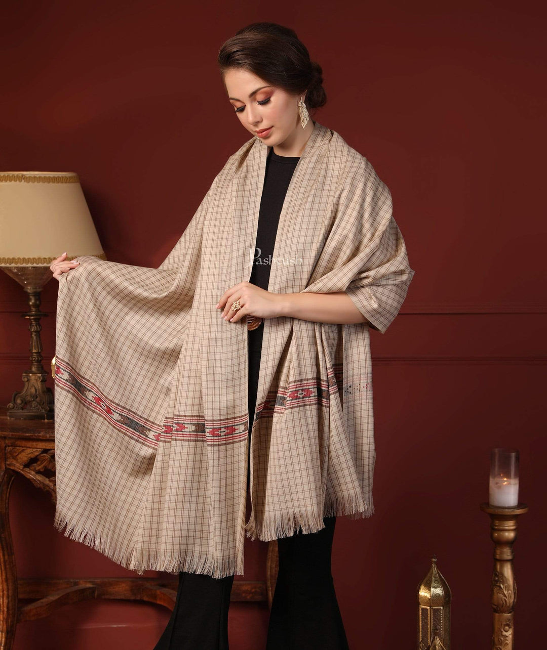 Pashtush India 127x254 Pashtush Woven Kullu Design Women's Full Size Shawl In Extra Fine Wool - Taupe
