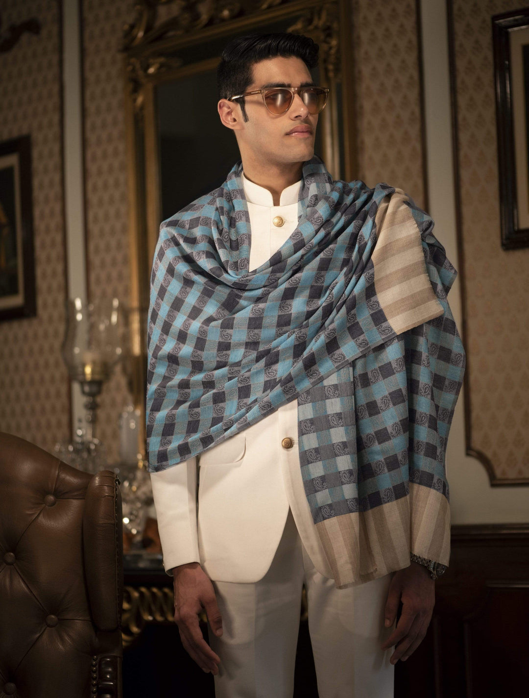 Pashtush India 70x200 Pashtush Woven Mens Checkered Scarf, Fine Wool Muffler, Soft and Light, Antique Blue