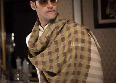 Pashtush India 70x200 Pashtush Woven Mens Checkered Scarf, Fine Wool Muffler, Soft and Light, Beige and Sea Green