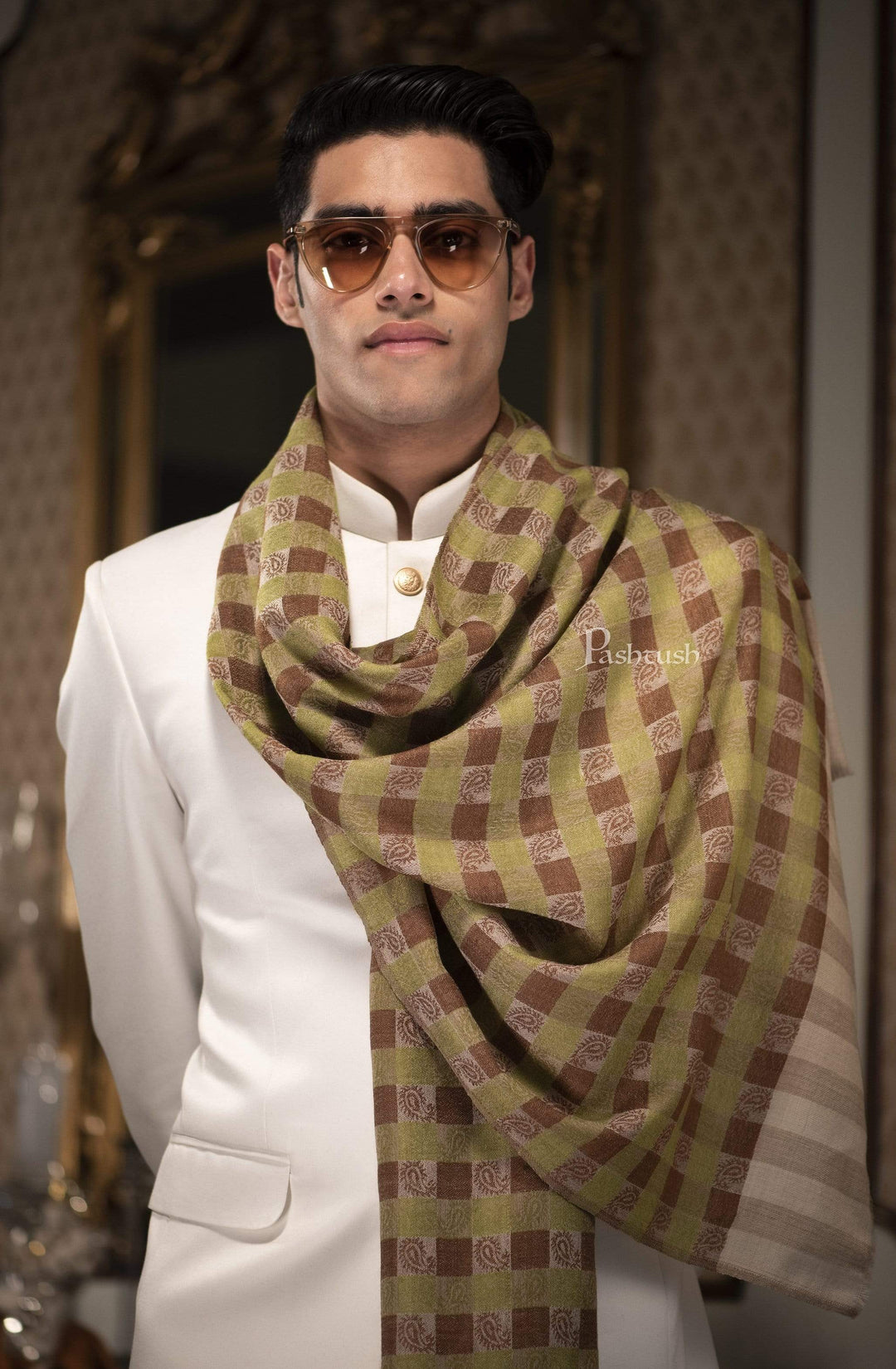 Pashtush Woven Mens Checkered Scarf, Fine Wool Muffler, Soft And Light, Beige And Sea Green