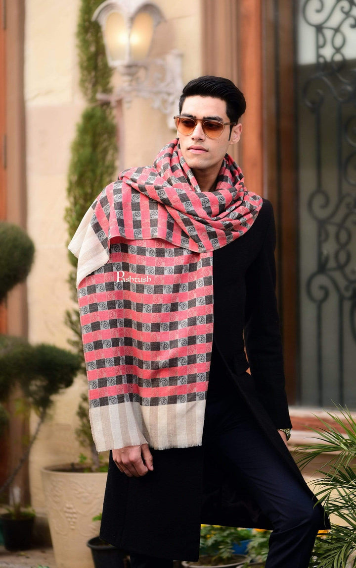 Pashtush India 70x200 Pashtush Woven Mens Checkered Scarf, Fine Wool Muffler, Soft and Light Weight