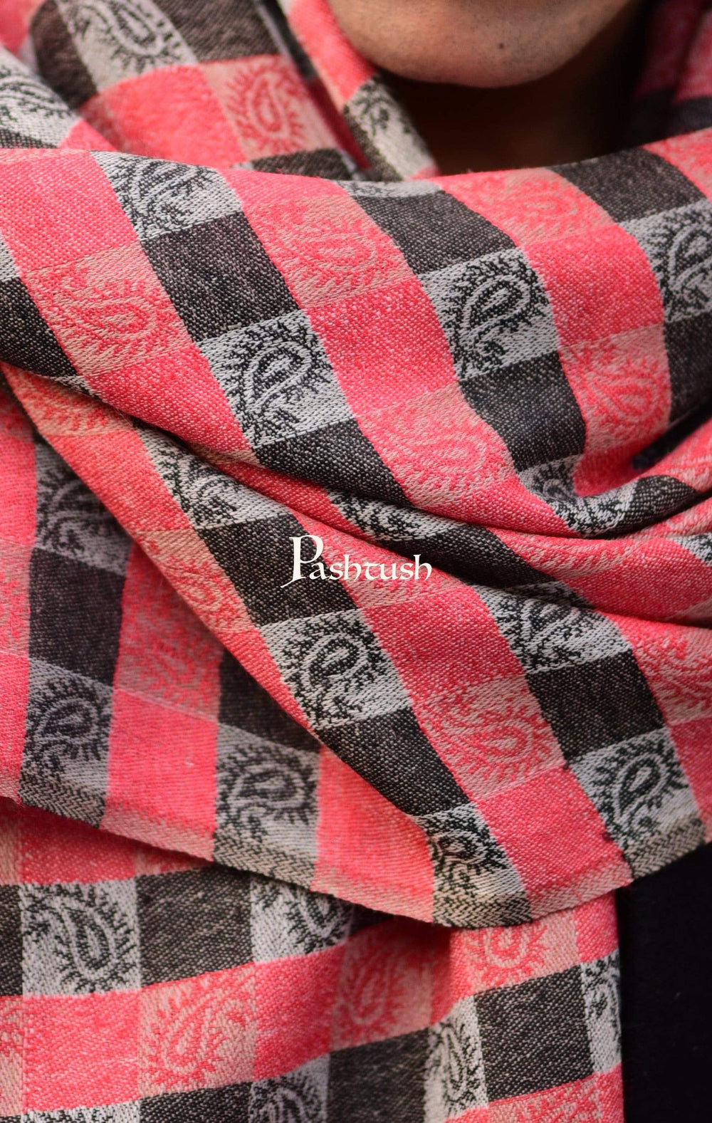 Pashtush India 70x200 Pashtush Woven Mens Checkered Scarf, Fine Wool Muffler, Soft and Light Weight