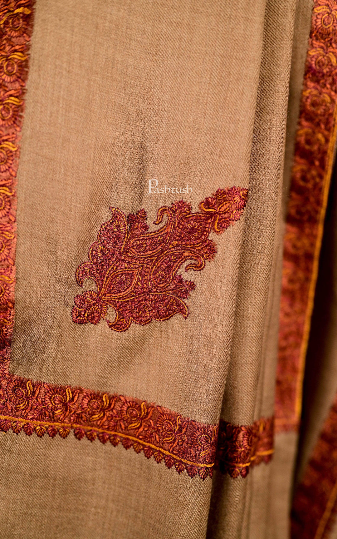 Pashtush India 127x254 Pashutsh Mens Shawl, Kashmiri Embroidery Haashia Dushala, Taupe