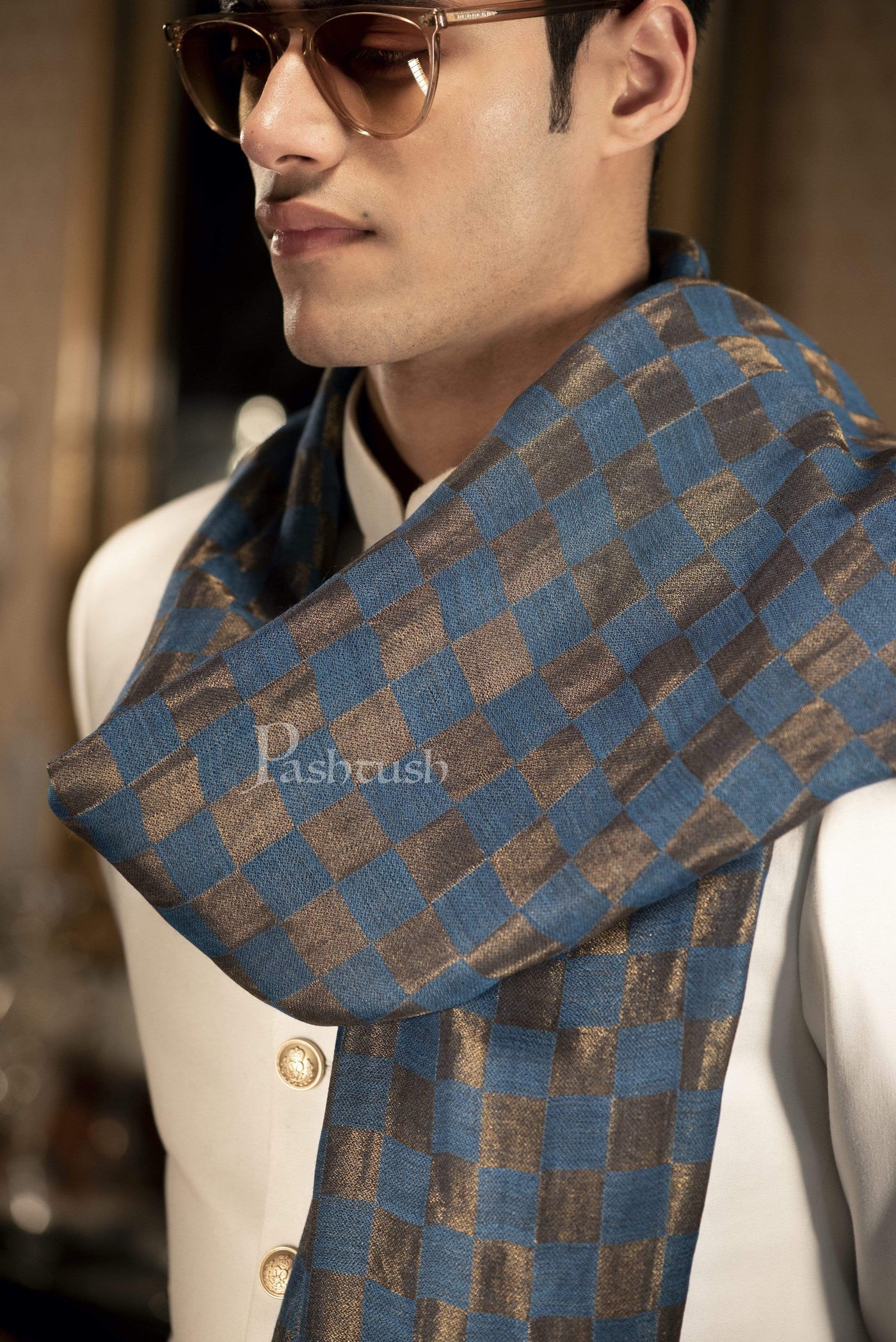 Pashtush Mens Checkered Scarf, With Metallic Thread Weave, Black
