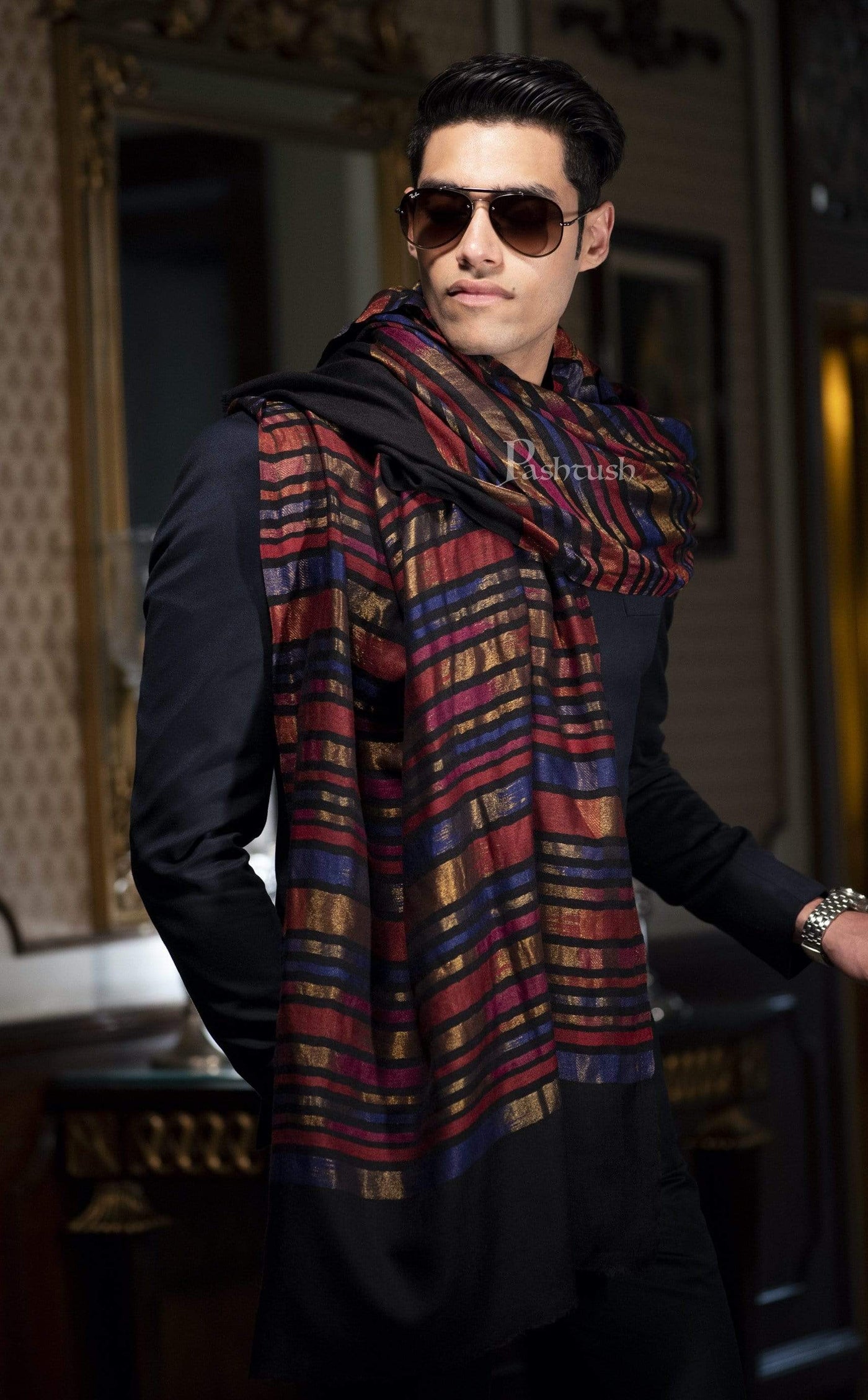 Pashtush India 70x200 Pashutsh Mens Twilight Collection, Reversible With Metallic Thread Weave, Fine Wool