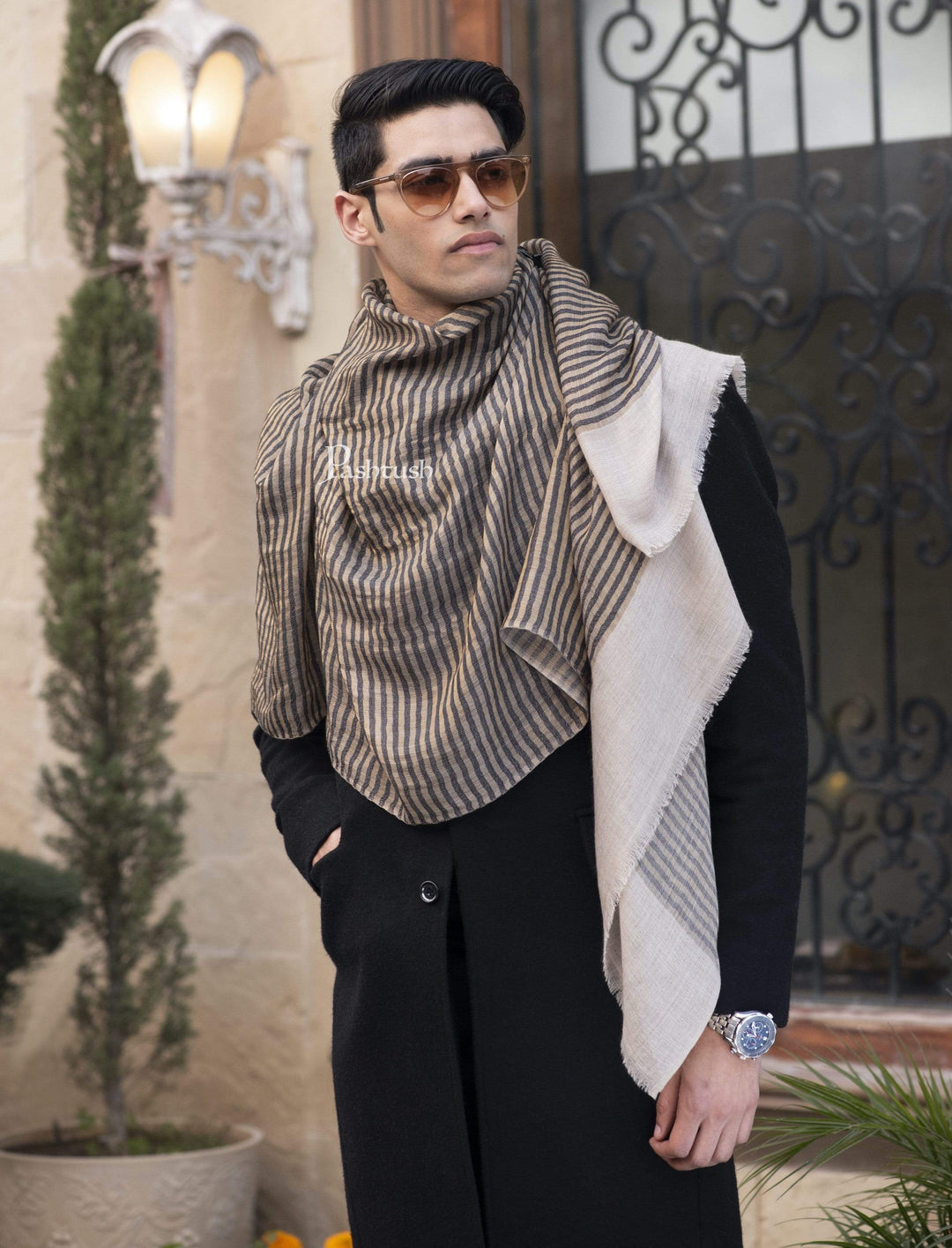 Pashtush Mens Twilight Striped Scarf, With Metallic Thread Weave
