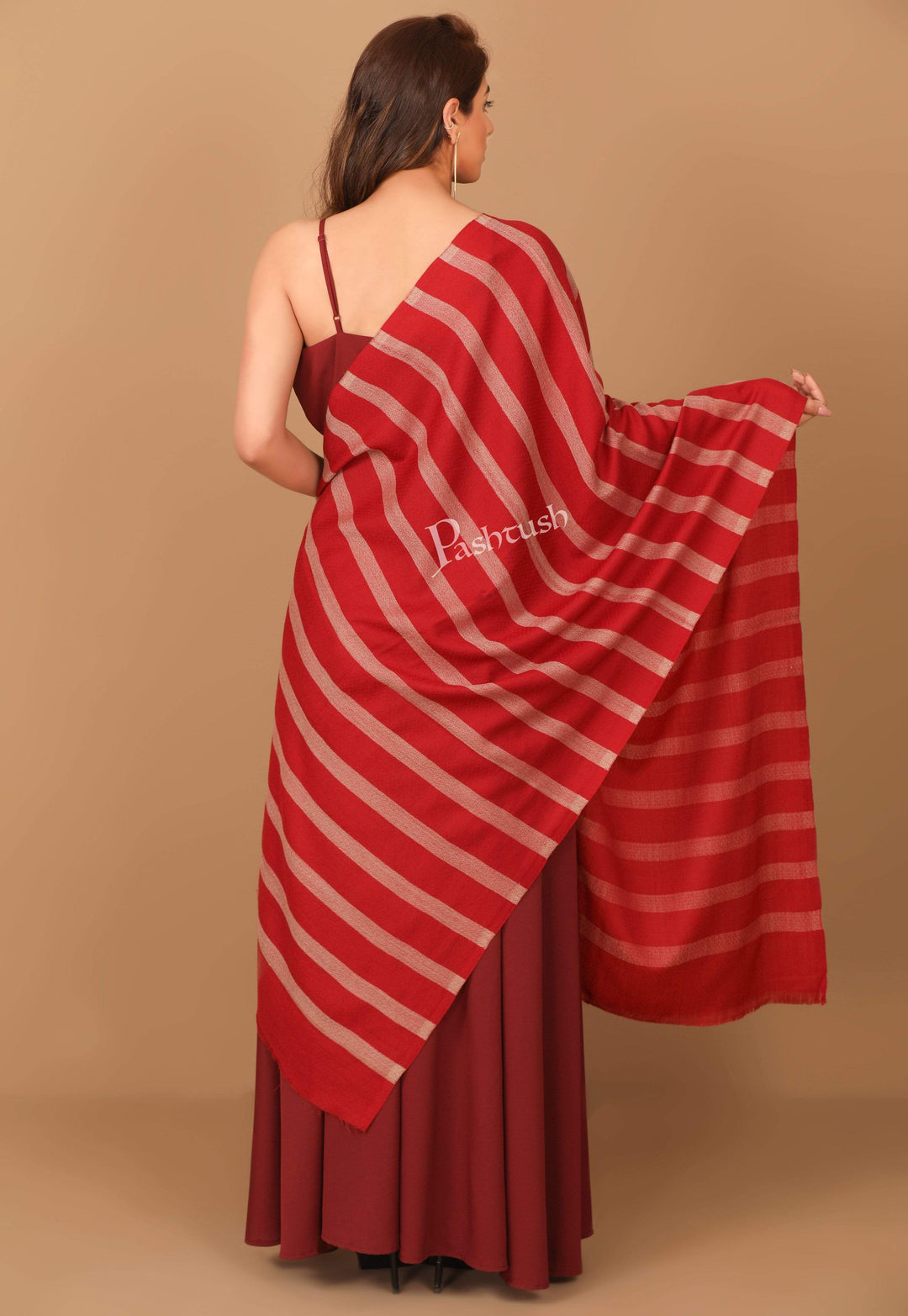 Pashtush India 70x200 Pashutsh Womens Extra Fine Wool, Striped Woven Scarf, Crimson Maroon