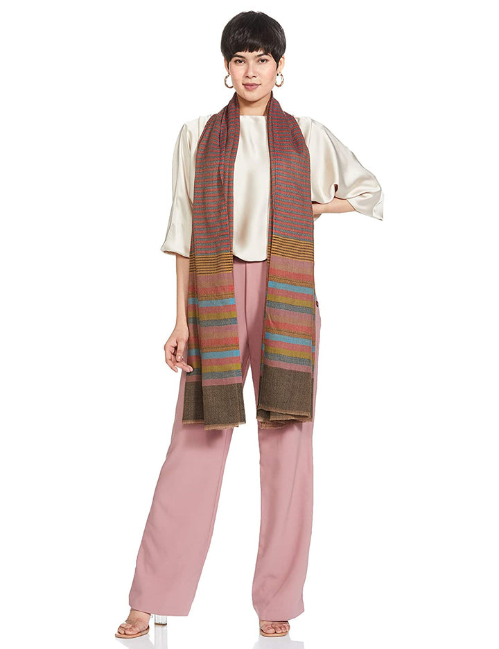 Pashtush India 70x200 Pashutsh Womens Extra Fine Wool, Striped Woven Scarf, Multicolored