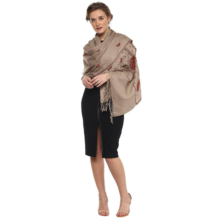 Pashtush Womens Fine Wool Embroidery Stole, Taupe