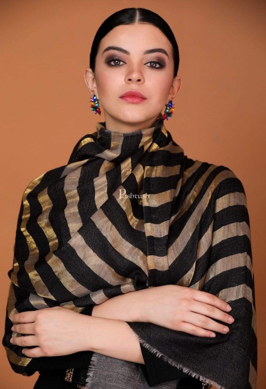 Pashtush India 70x200 Pashutsh Womens Twilight Striped Scarf, With Shimmery Metallic Zari Thread Weave