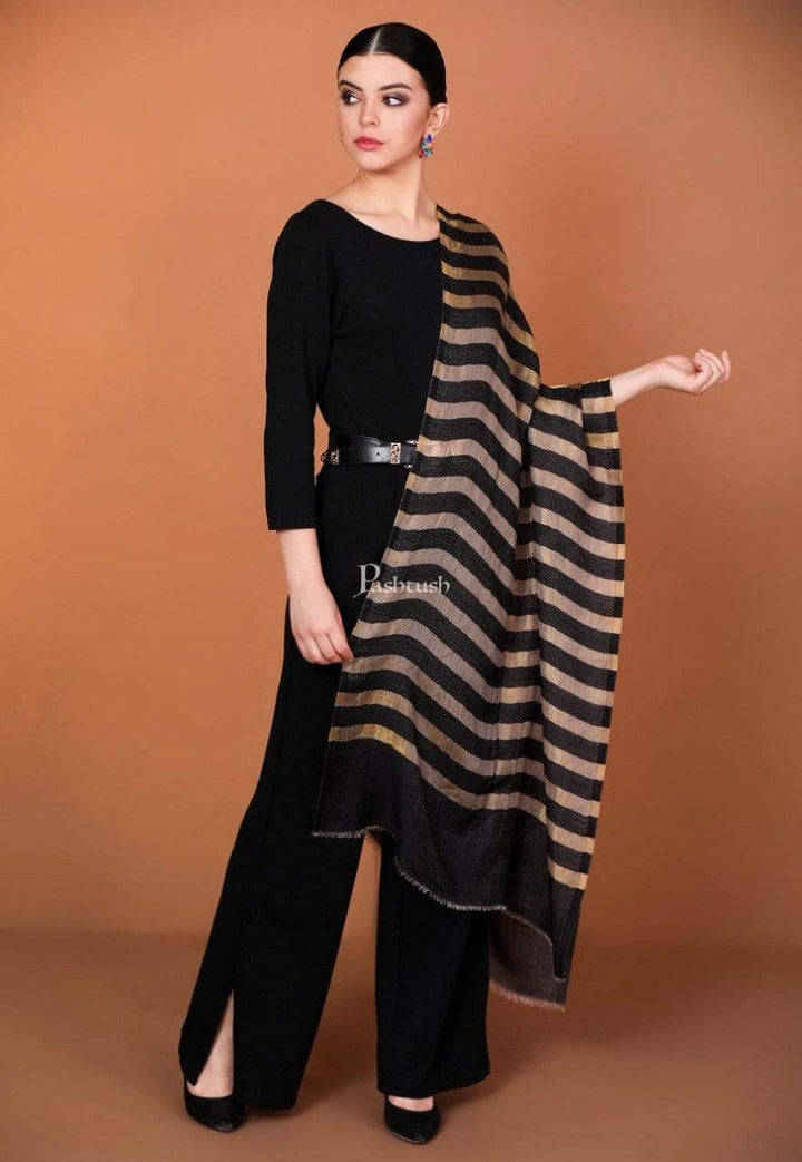 Pashtush India 70x200 Pashutsh Womens Twilight Striped Scarf, With Shimmery Metallic Zari Thread Weave