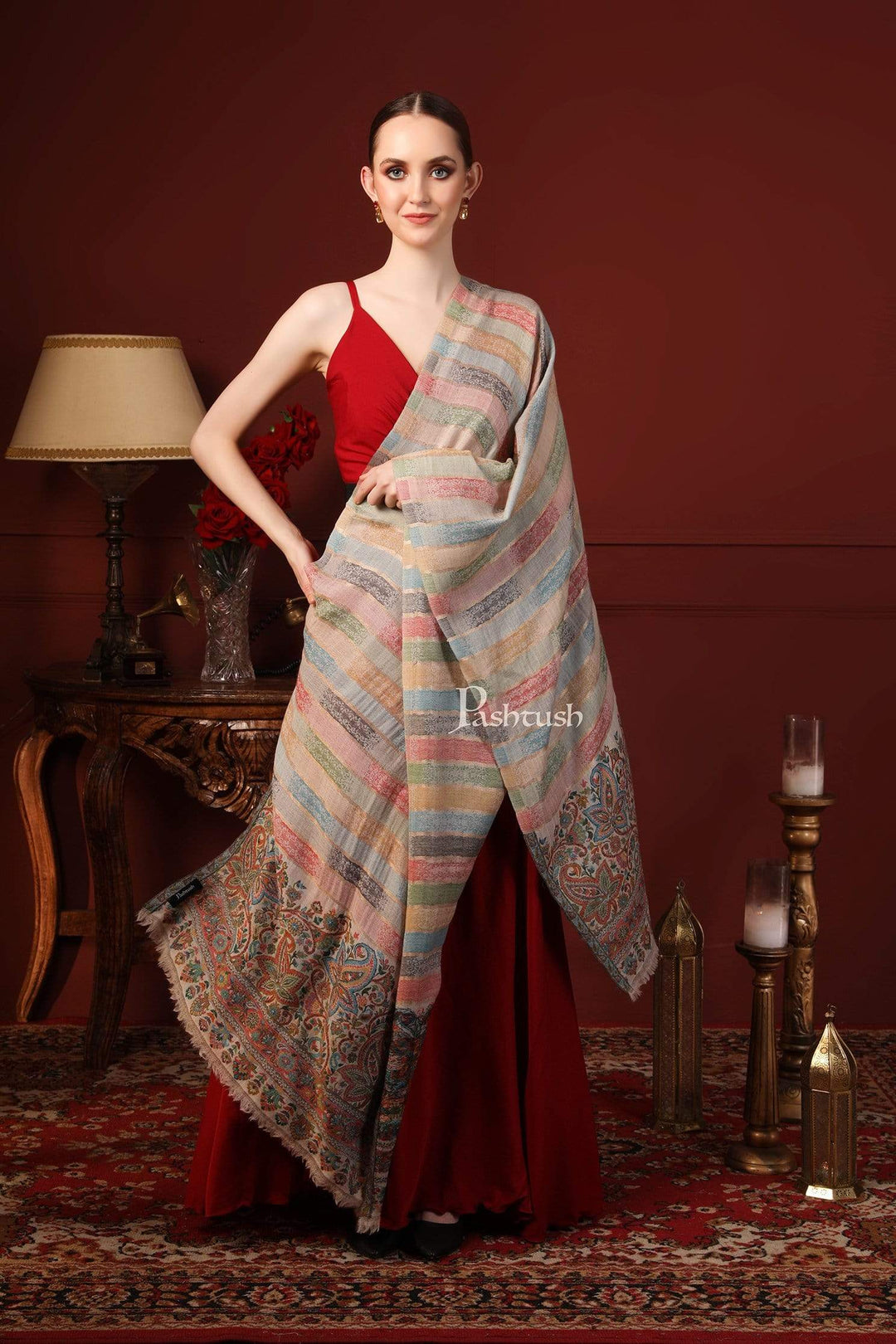 Pashtush India 70x200 Pashutsh Womens Twilight Striped Scarf, With Shimmery Zari Thread Weave