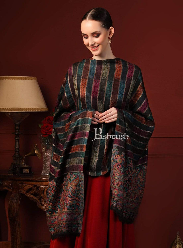 Pashtush India 100x200 Pashutsh Womens Twilight Striped Shawl, With Shimmery Zari Thread Weave