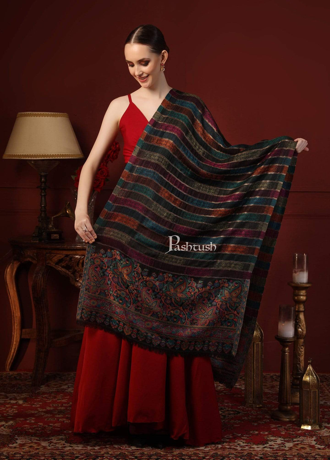 Pashtush India 100x200 Pashutsh Womens Twilight Striped Shawl, With Shimmery Zari Thread Weave