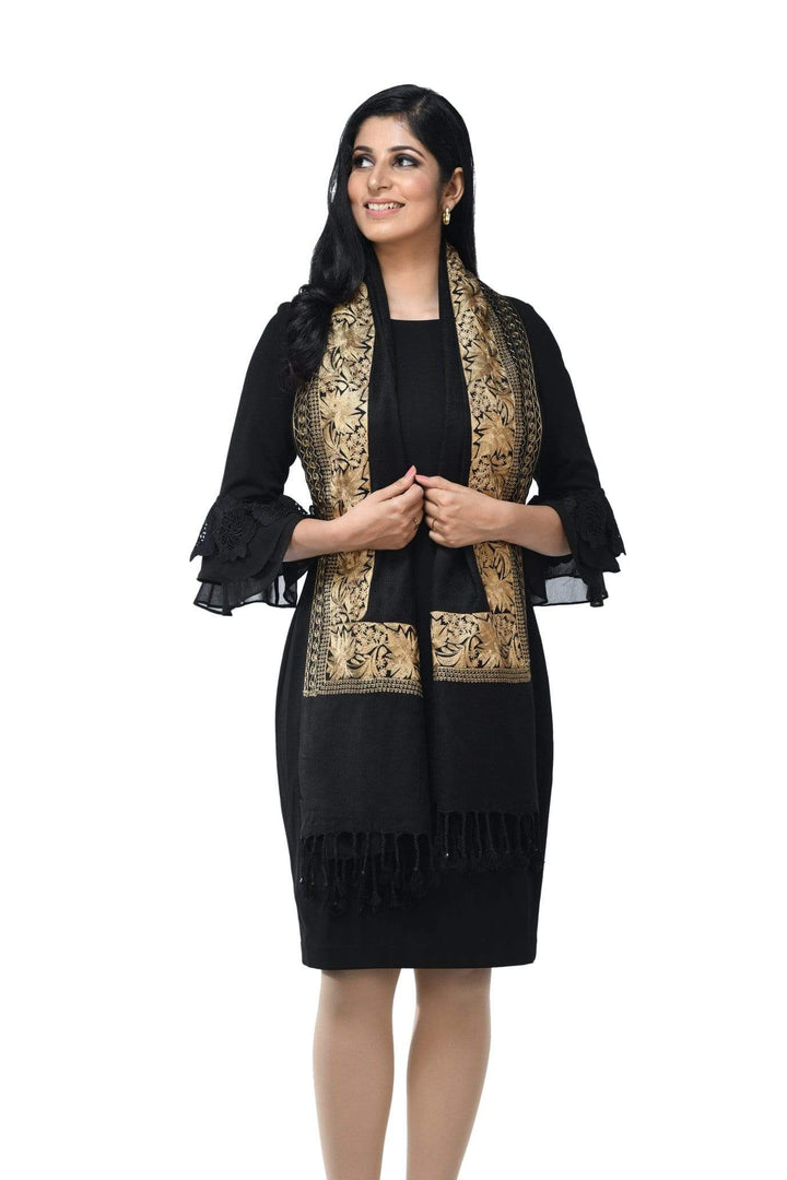 Pashwool 70x200 Pashwool Womens Emrbodiery Stole, With Tilla Embroidery Work, Daur Design