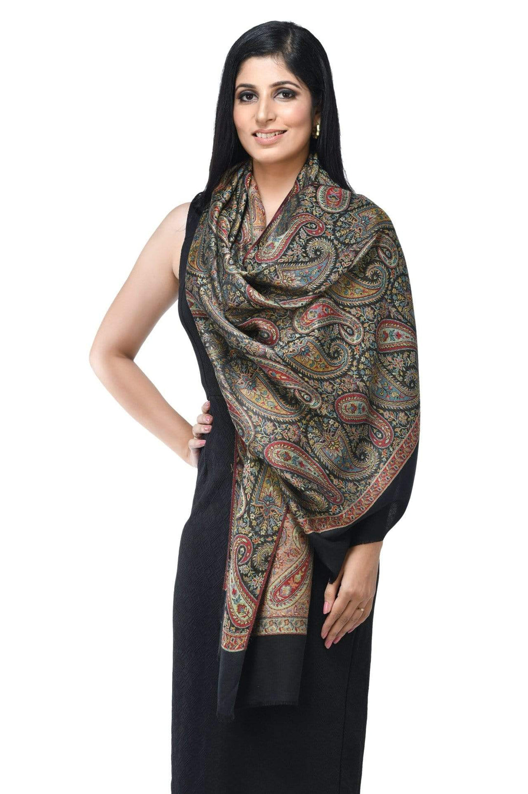 Pashwool 70x200 Pashwool Womens Extra Soft Bamboo Scarf, Ethnic Design, Black