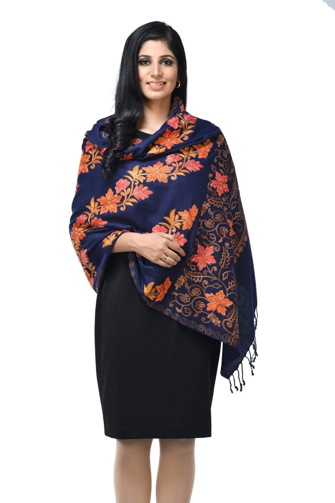 Pashwool 70x200 Pashwool Womens Kashmiri Embroidery Stole, Fine Soft and Warm, Woollen Stole, Navy Blue