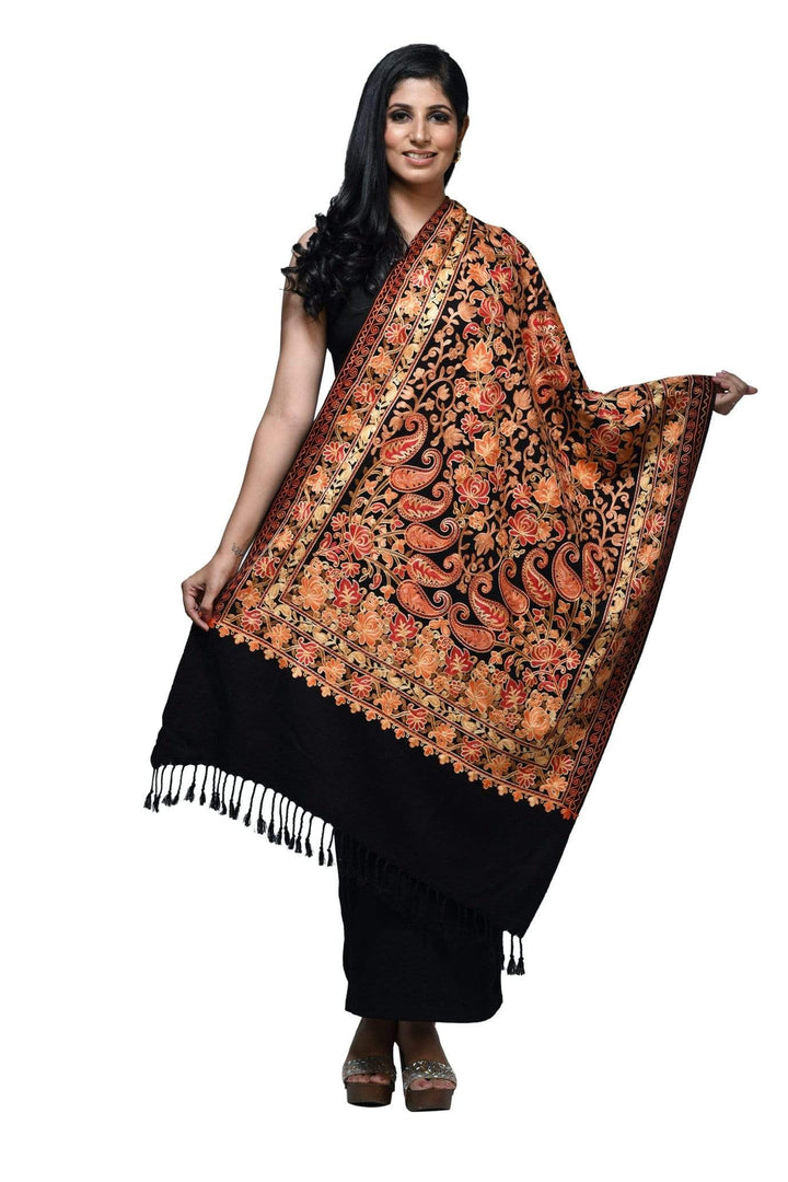 Pashwool 70x200 Pashwool, Womens Kashmiri Embroidery Stole, Soft and Warm, Woollen Black Stole