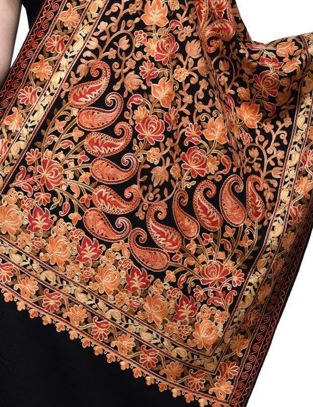 Pashwool 70x200 Pashwool, Womens Kashmiri Embroidery Stole, Soft and Warm, Woollen Black Stole