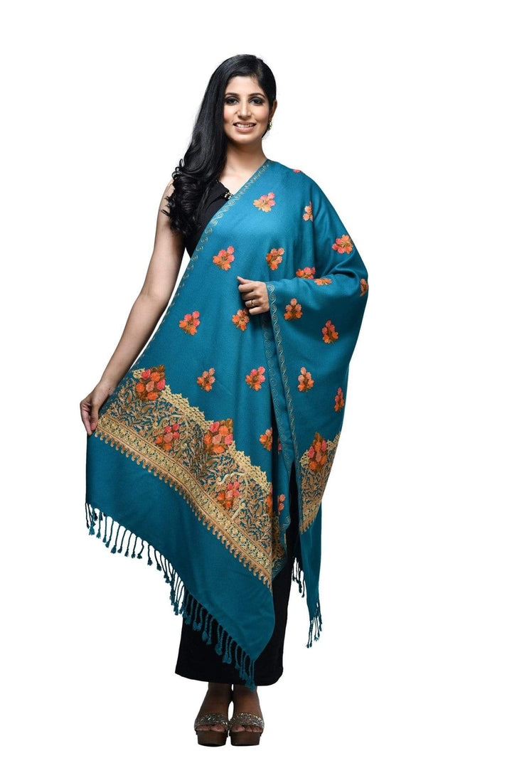 Pashwool 70x200 Pashwool Womens Kashmiri Embroidery Stole, Soft and Warm, Woollen Stole, Arabic Blue