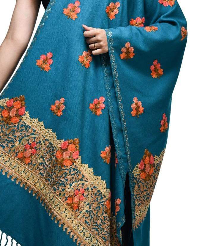 Pashwool 70x200 Pashwool Womens Kashmiri Embroidery Stole, Soft and Warm, Woollen Stole, Arabic Blue