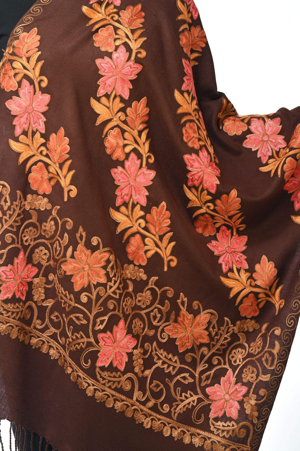 Pashwool 70x200 Pashwool Womens Kashmiri Embroidery Stole, Soft and Warm, Woollen Stole, Coffee