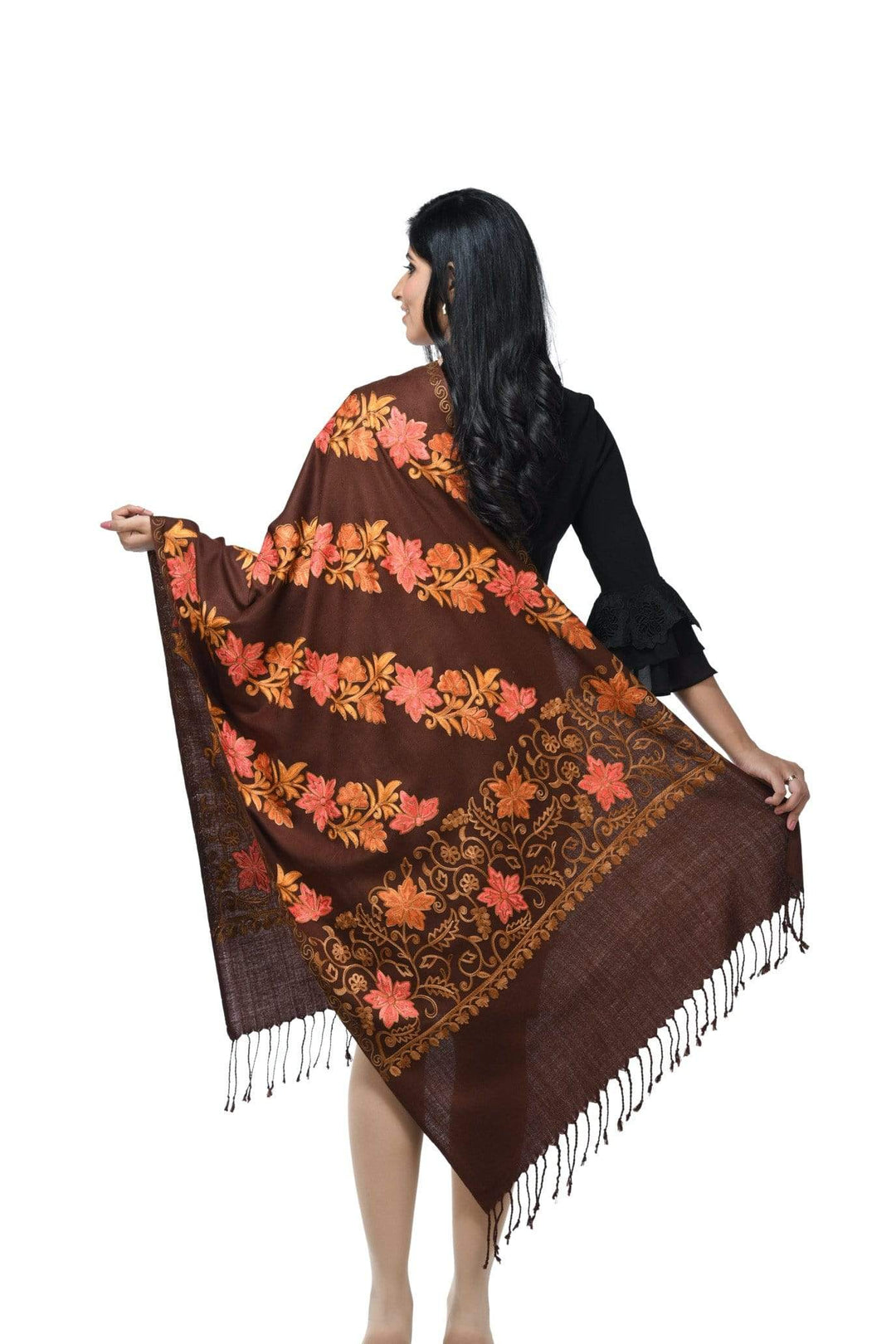 Pashwool 70x200 Pashwool Womens Kashmiri Embroidery Stole, Soft and Warm, Woollen Stole, Coffee