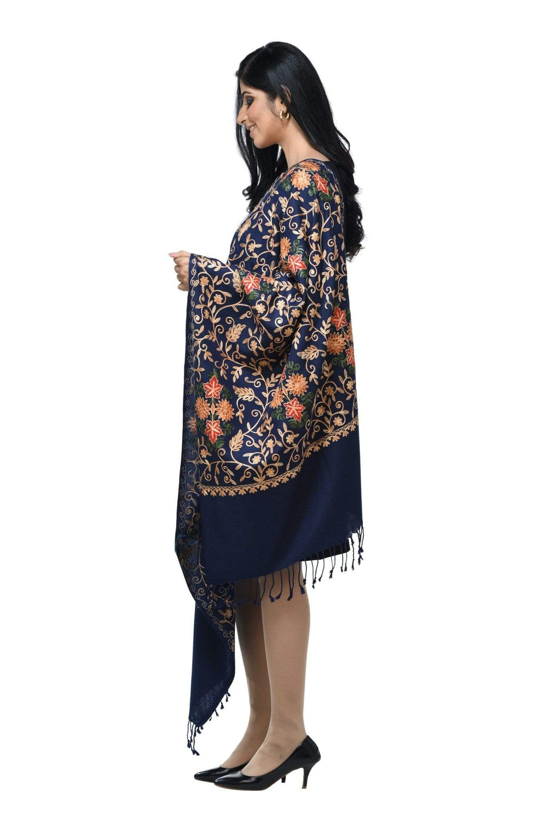 Pashwool 70x200 Pashwool Womens Kashmiri Embroidery Stole, Soft and Warm, Woollen Stole, Navy Blue