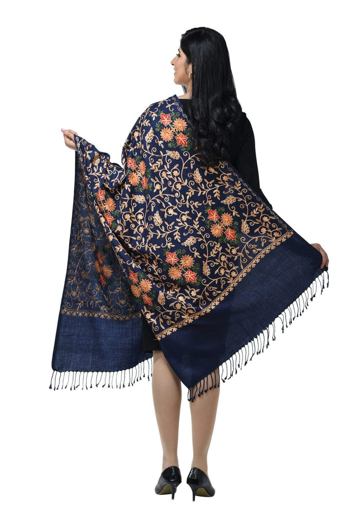 Pashwool 70x200 Pashwool Womens Kashmiri Embroidery Stole, Soft and Warm, Woollen Stole, Navy Blue