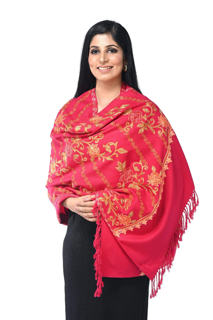 Pashwool 70x200 Pashwool Womens Kashmiri Embroidery Stole, Soft and Warm, Woollen Stole, Pink