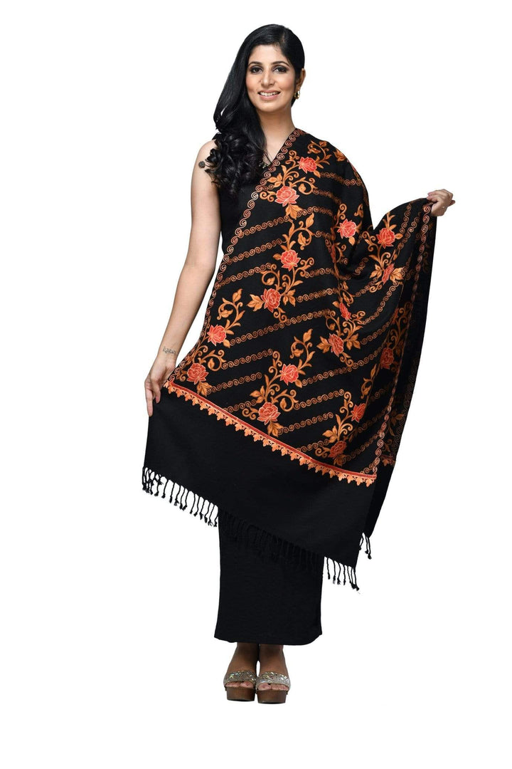 Pashwool 70x200 Pashwool Womens Kashmiri Embroidery Stole, Soft, Woollen Stole, Black