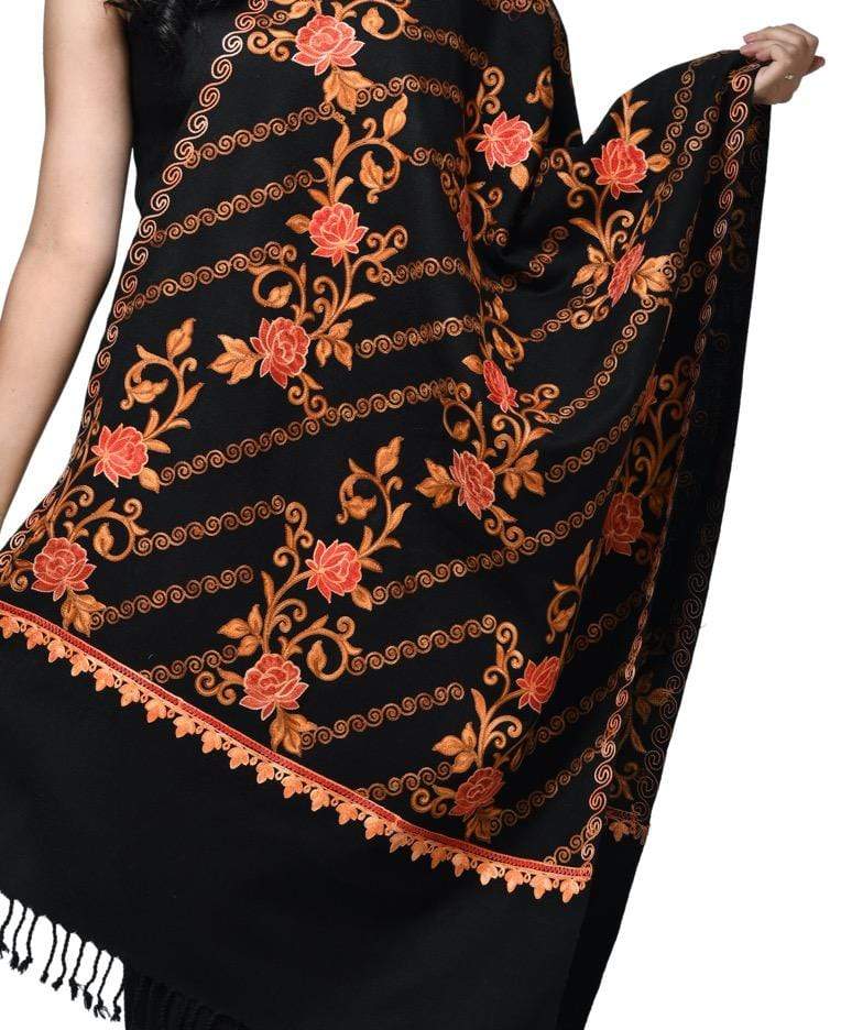 Pashwool 70x200 Pashwool Womens Kashmiri Embroidery Stole, Soft, Woollen Stole, Black