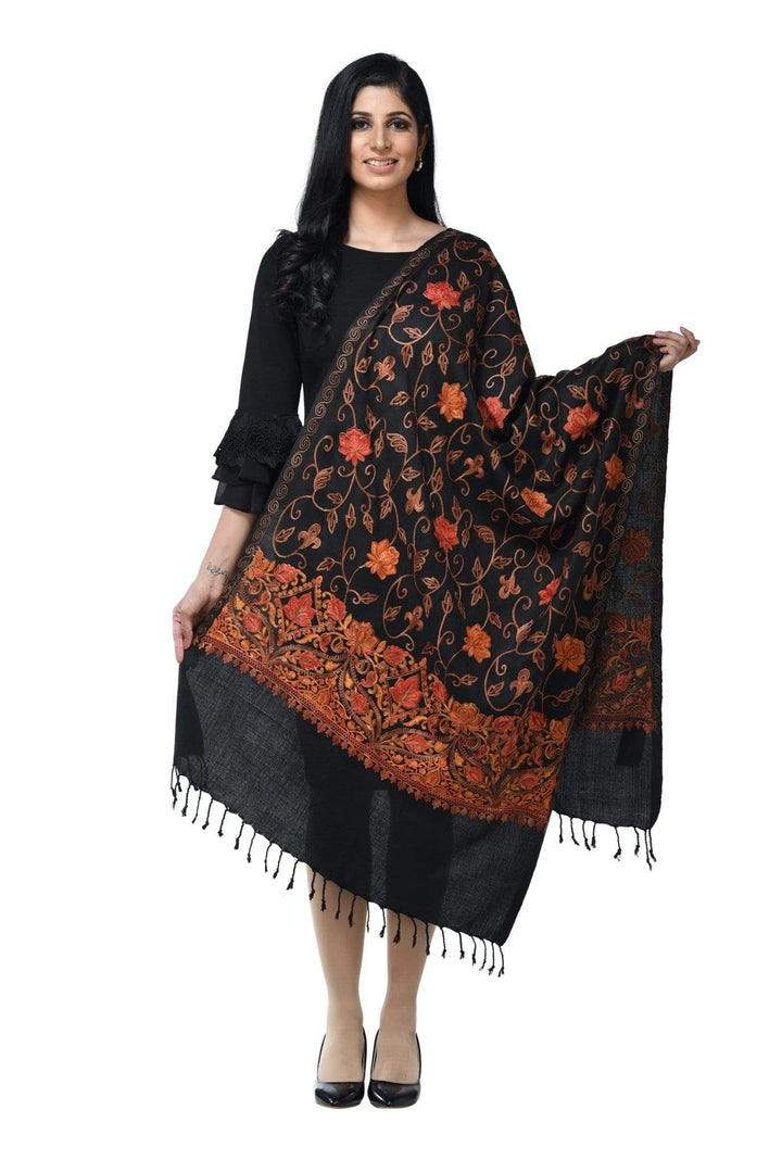 Pashwool 70x200 Pashwool Womens Kashmiri Embroidery Stole, Woollen, Soft and Warm, Black