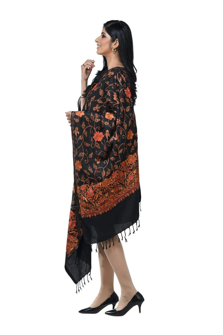 Pashwool 70x200 Pashwool Womens Kashmiri Embroidery Stole, Woollen, Soft and Warm, Black