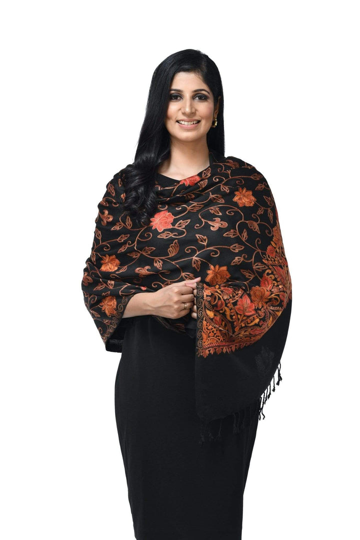 Pashwool 70x200 Pashwool Womens Kashmiri Embroidery Stole, Woollen, Soft and Warm, Black