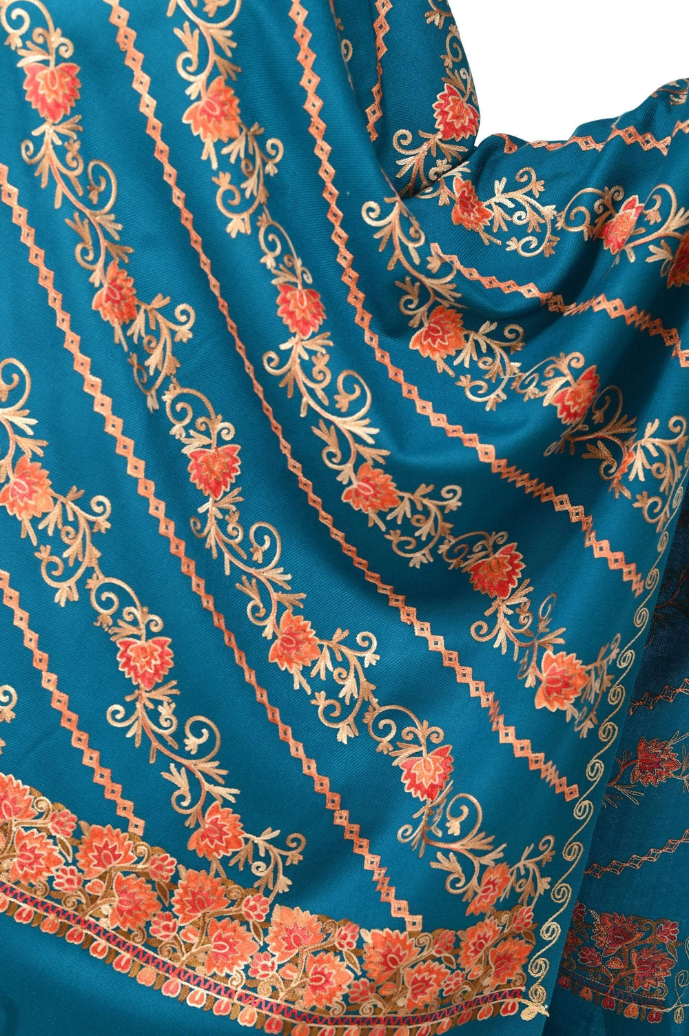 Pashwool 70x200 Pashwool Womens Kashmiri Embroidery Stole, Woollen Stole, Arabic Blue