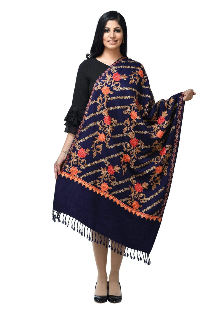 Pashwool 70x200 Pashwool Womens Kashmiri Embroidery Stole, Woollen Stole, Warm and Soft, Navy Blue