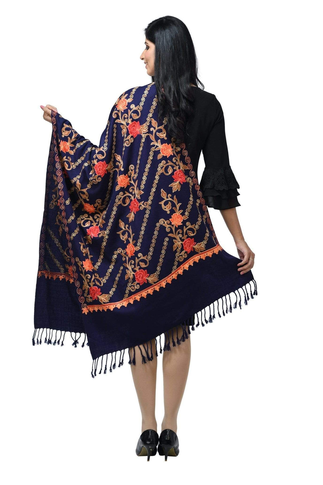 Pashwool 70x200 Pashwool Womens Kashmiri Embroidery Stole, Woollen Stole, Warm and Soft, Navy Blue