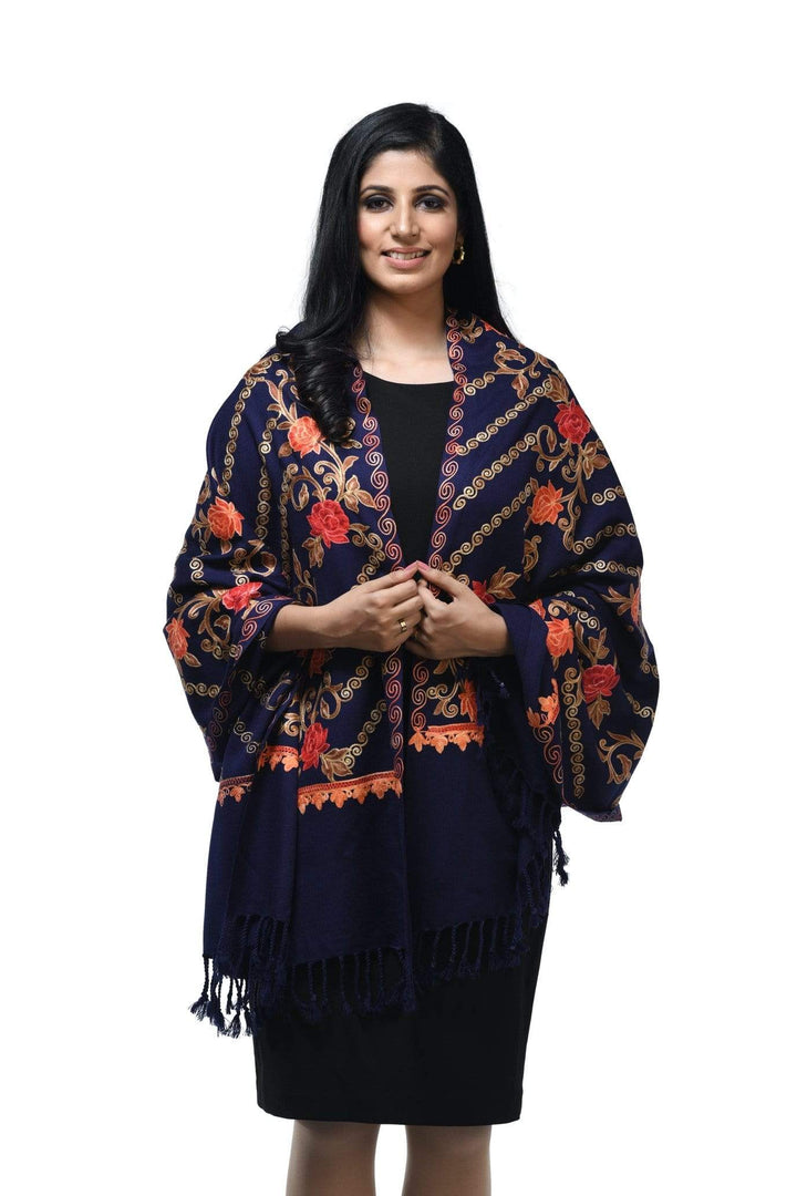 Pashwool 70x200 Pashwool Womens Kashmiri Embroidery Stole, Woollen Stole, Warm and Soft, Navy Blue