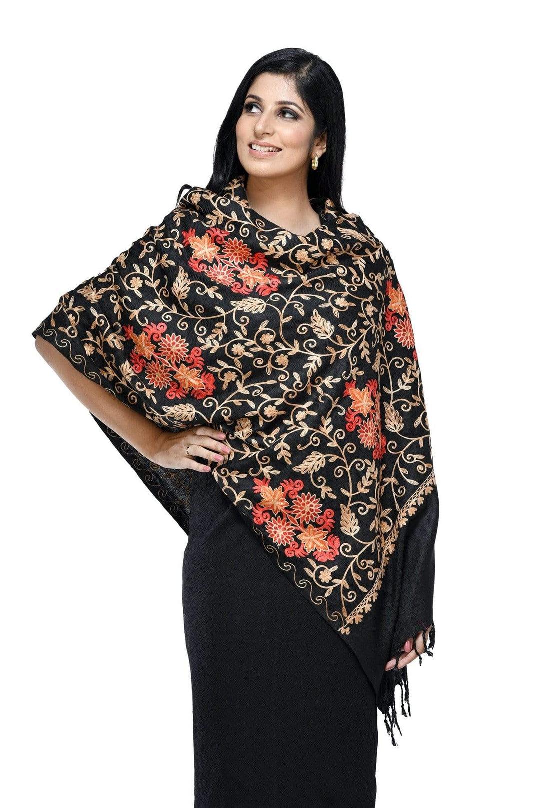 Pashwool 70x200 Pashwool Womens Kashmiri Embroidery Woollen Stole, Soft and Warm, Black