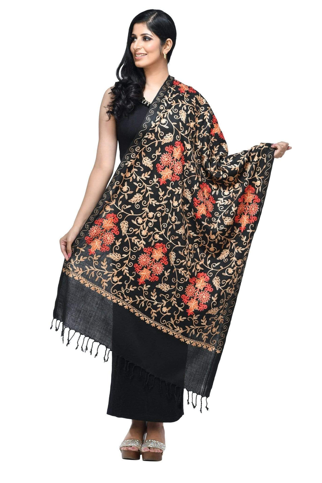 Pashwool 70x200 Pashwool Womens Kashmiri Embroidery Woollen Stole, Soft and Warm, Black