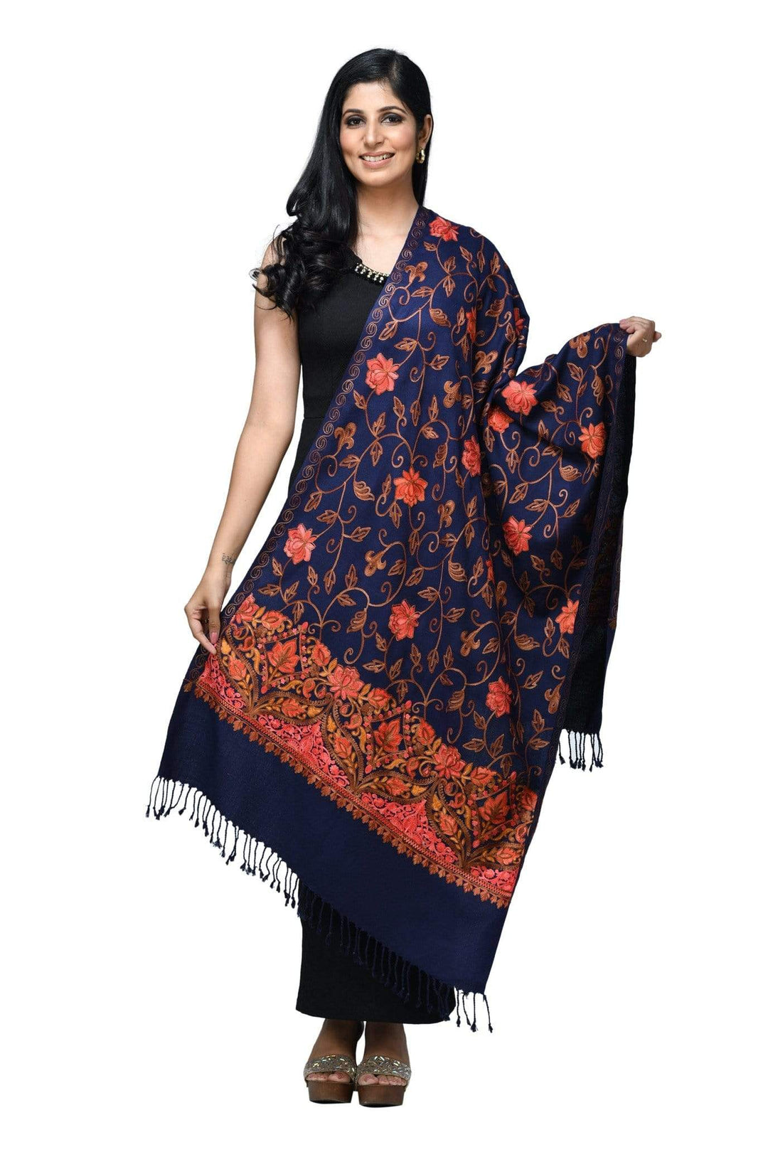 Pashwool 70x200 Pashwool Womens Kashmiri Embroidery Woollen Stole, Soft and Warm, Navy Blue