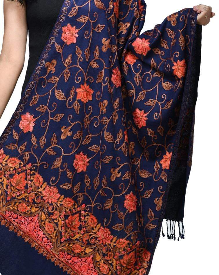 Pashwool 70x200 Pashwool Womens Kashmiri Embroidery Woollen Stole, Soft and Warm, Navy Blue