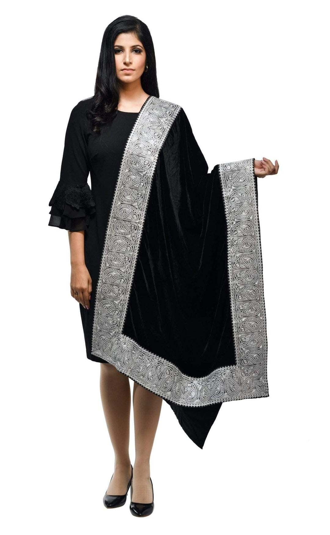 Pashwool 70x200 Pashwool Womens Velvet Shawl, With Zari Embroidery Border, Rich Black