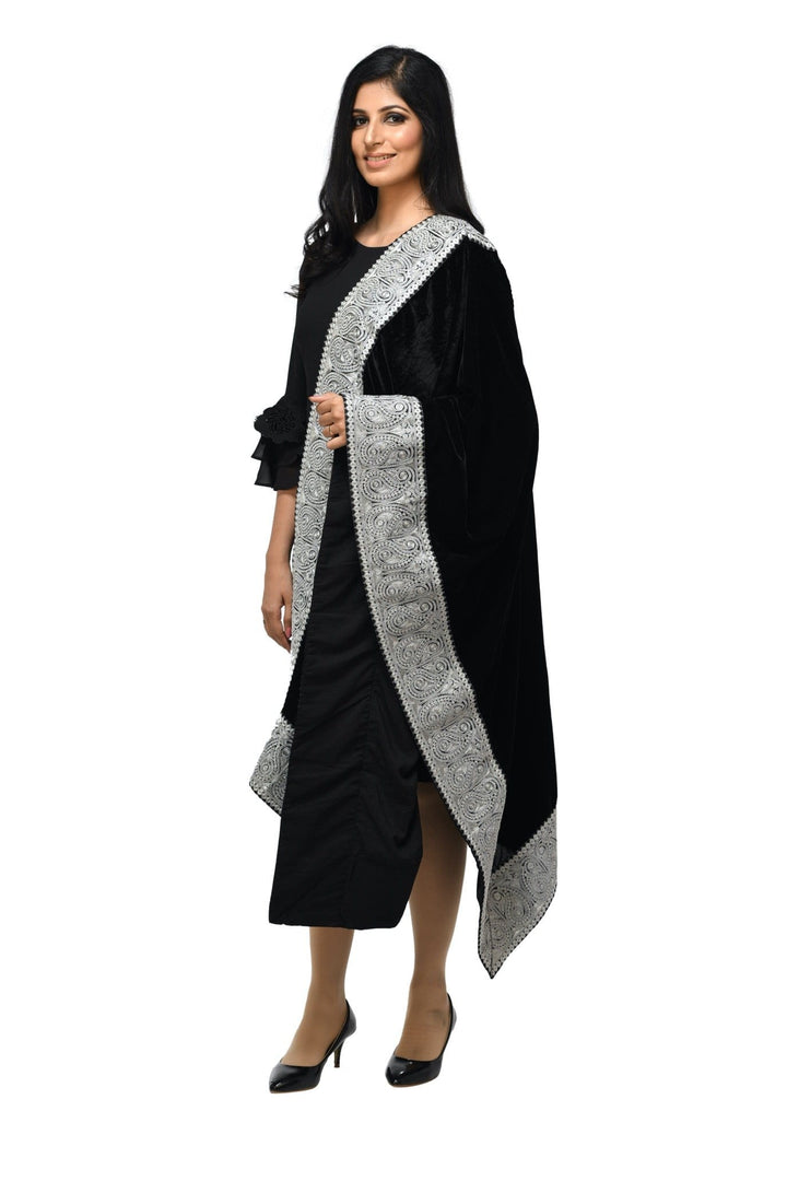 Pashwool 70x200 Pashwool Womens Velvet Shawl, With Zari Embroidery Border, Rich Black