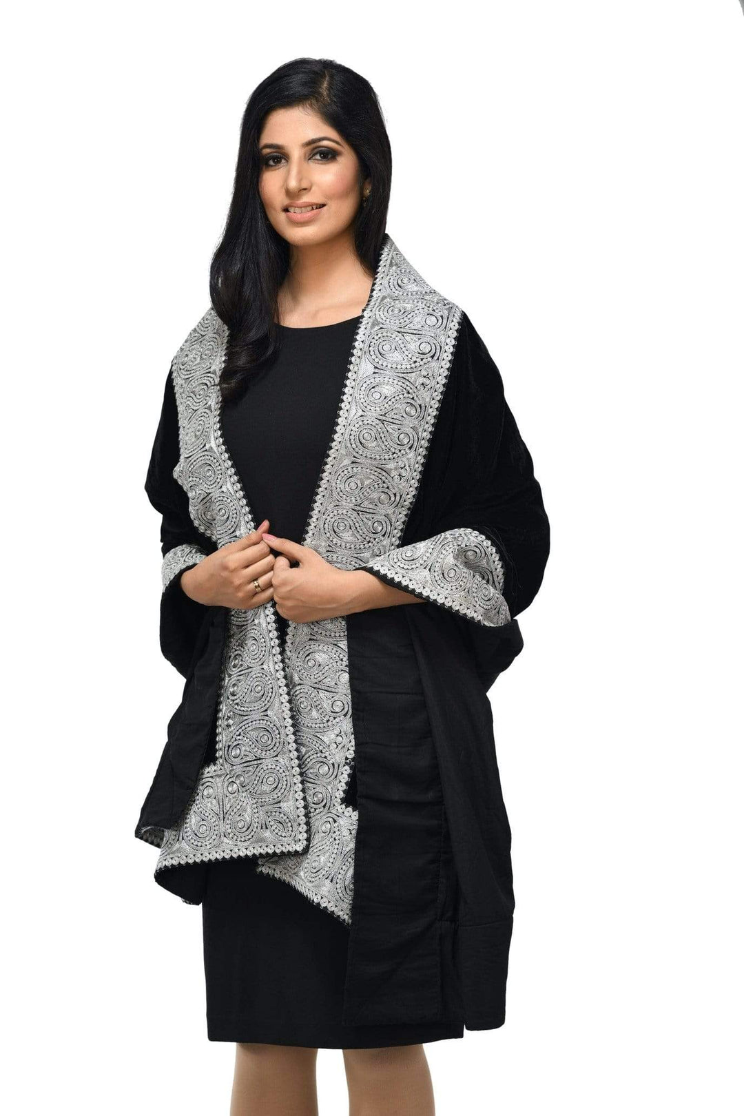 Pashwool 70x200 Pashwool Womens Velvet Shawl, With Zari Embroidery Border, Rich Black